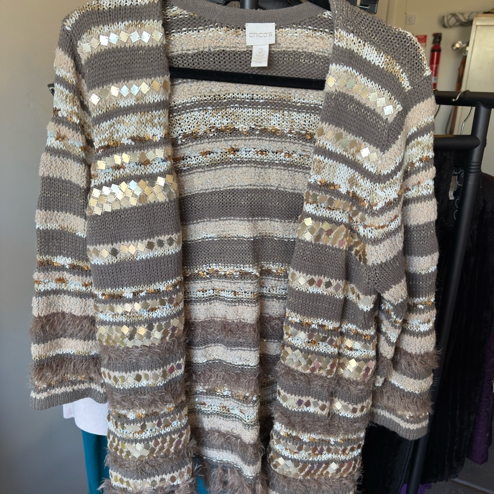 Chico's Women's Sequin Striped Cardigan - Brown and Cream